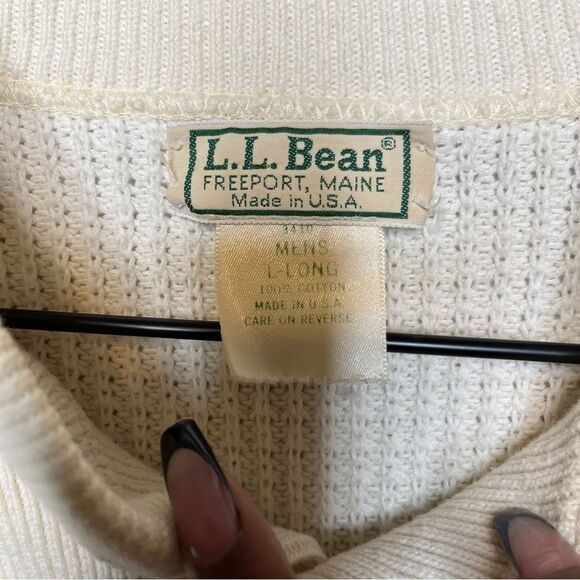 L.L. Bean Men Sweater Large Long Ivory White Cotton Knit Henley Made In USA - Picture 3 of 6